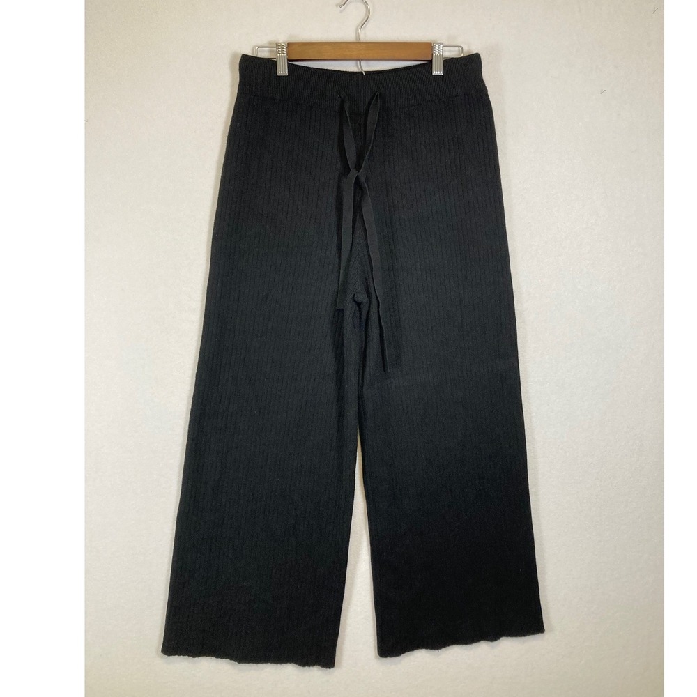Minimalist Comfy Women L Black Ribbed Knit Wide‎ Leg Drawstring Lounge Pants